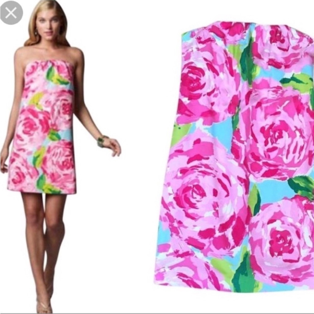 Lilly Pulitzer Keetan Dress First Impressions Pink Roses Holy Grail Strapless 0 - Picture 14 of 14